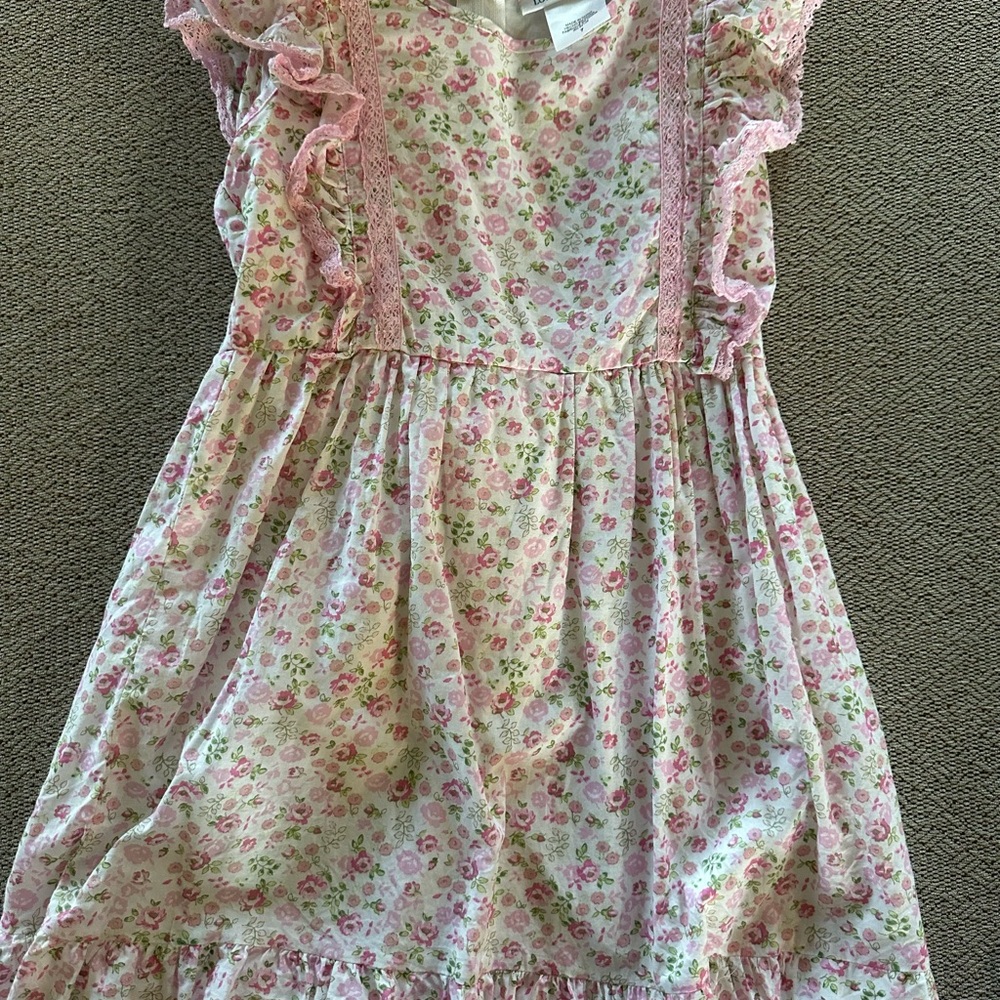 LoveShackFancy Green and Pink Casual Sundress with Flutter Sleeves
